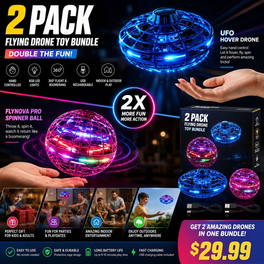 2 Pack Mixed Flying Drone Toy Lot – Flynova Pro Spinner Balls & UFO Hover Drones